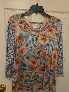 Alfred Dunner Blue & Peach Floral Scoop Neck Long Sleeve Top